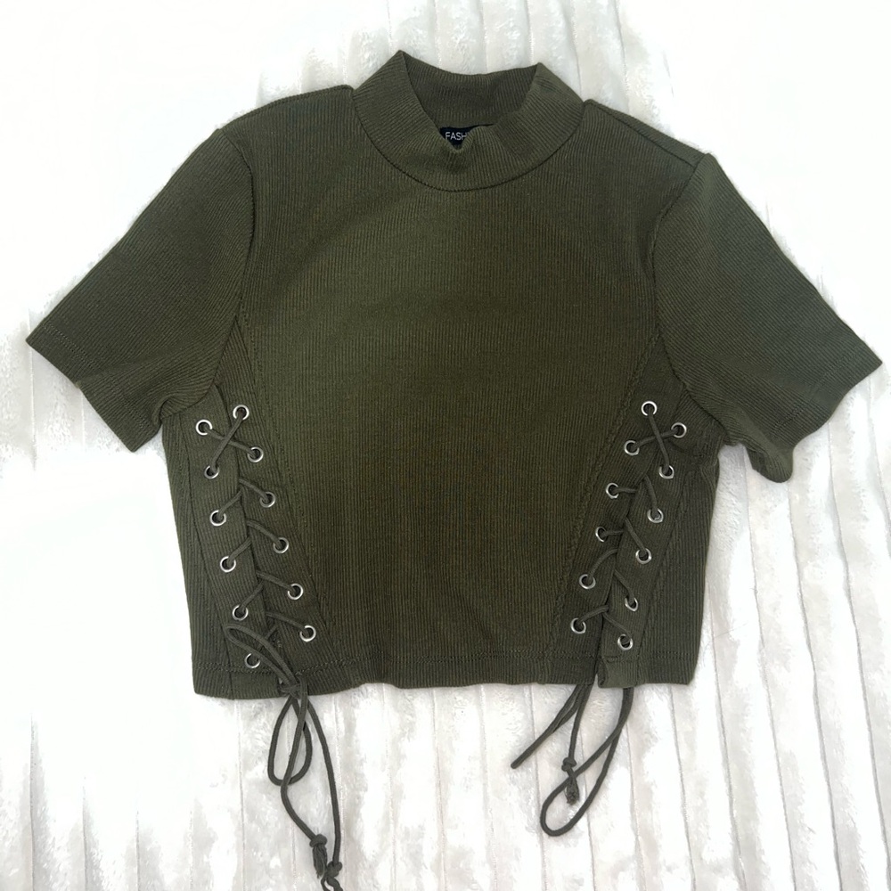 Olive Green Lace-Up Crop Top